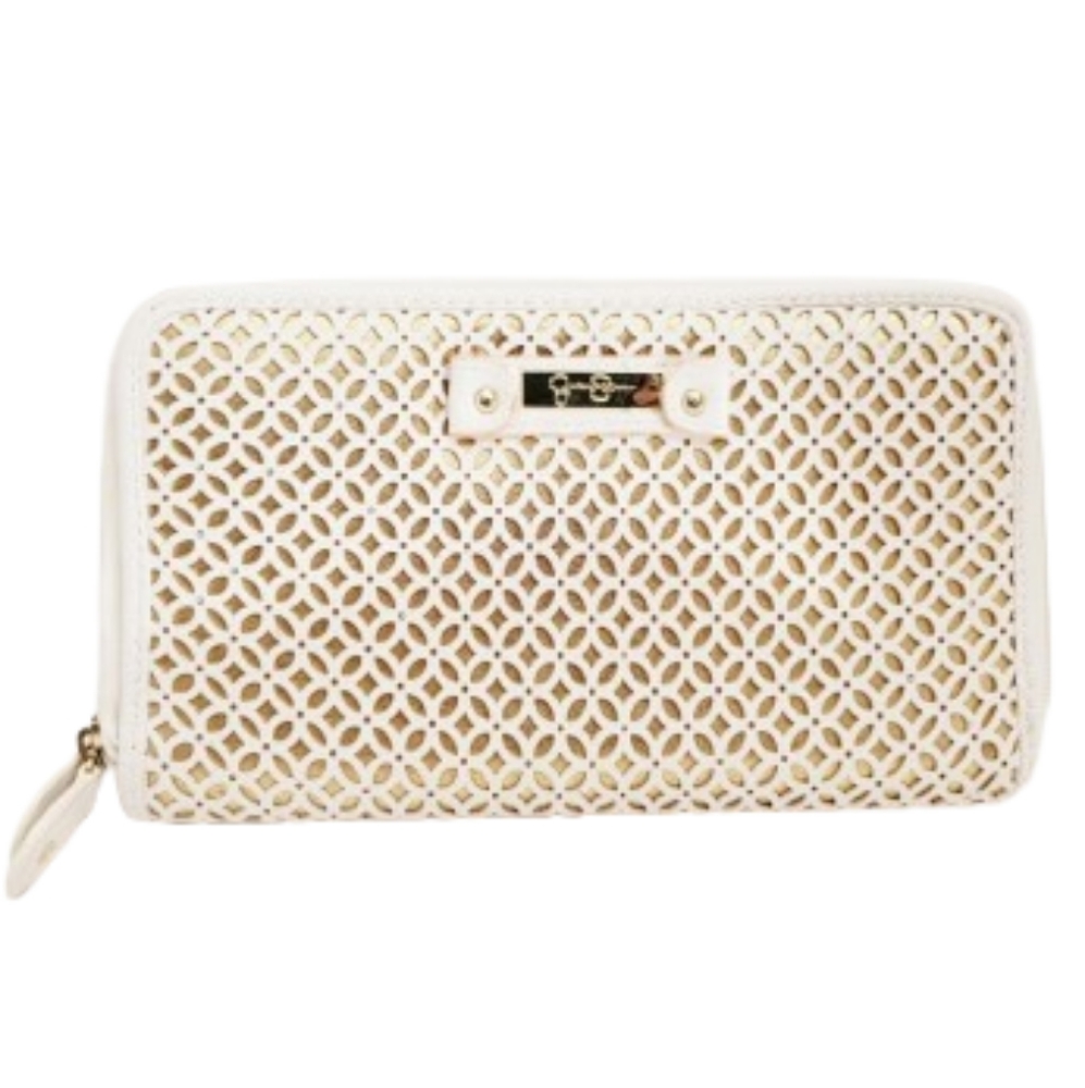 Jessica Simpson White/Gold Diamond Lattice Wallet 2 Zipper Compartment JS9782